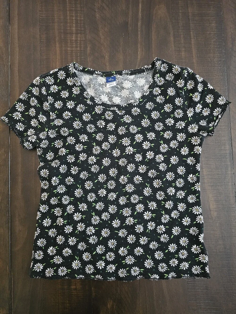 Old Navy Black Daisy Print Girls Top with White and Green Details